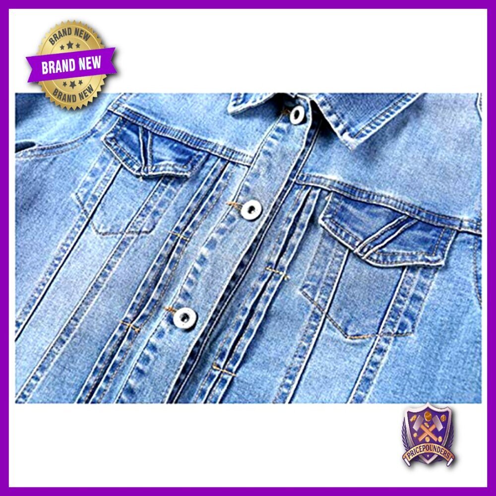 Cropped Denim Trucker Jacket 3/4 Sleeve Slim Fit Vintage Ripped Holes - Picture 3 of 7